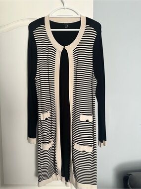 Talbots Black and Cream Striped Open-Front Cardigan with Pocket Details